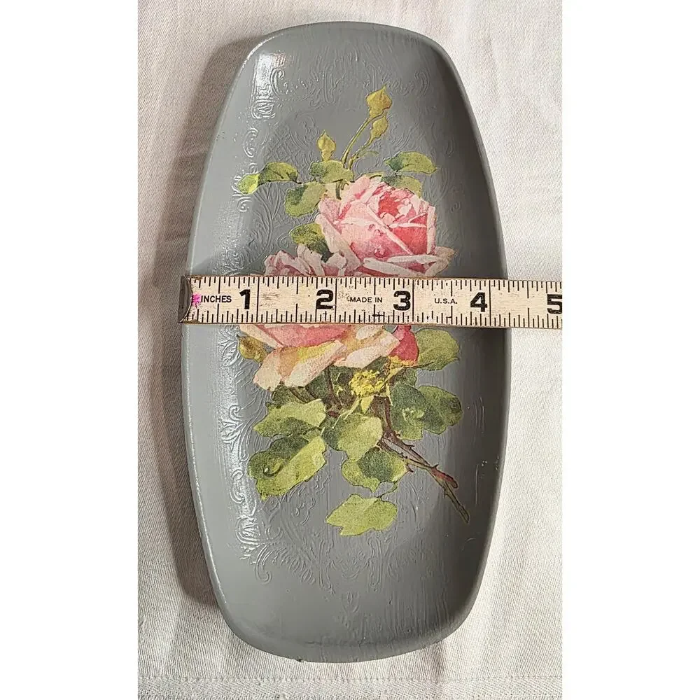 Hand Decorated Painted Silverplate Tray Applied Floral Transfer Gray Pink 8